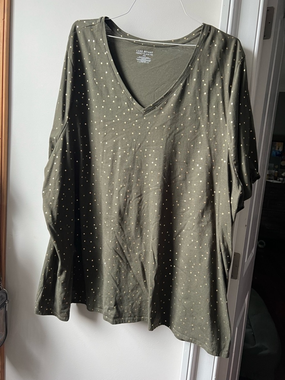 Lane Bryant Olive Green Long Sleeve V-Neck with Cream Polka Dots
